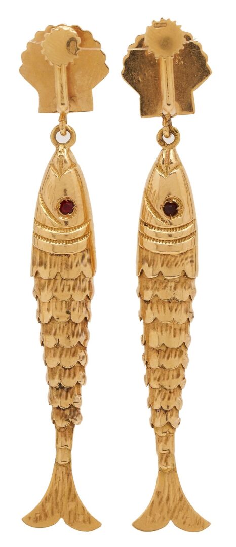 Lot 319: Pair 18K Gold & Ruby Fish Earrings