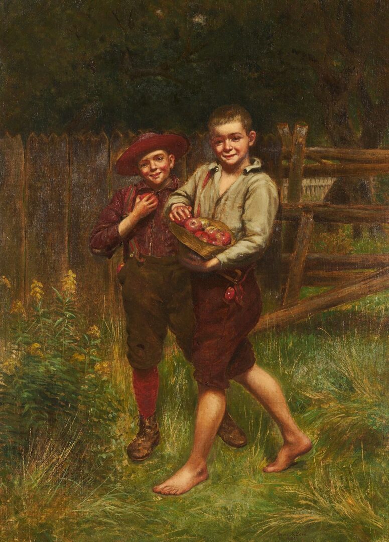 Lot 326: Exhibited David S. Pope O/C, Boys with Apples, c. 1885