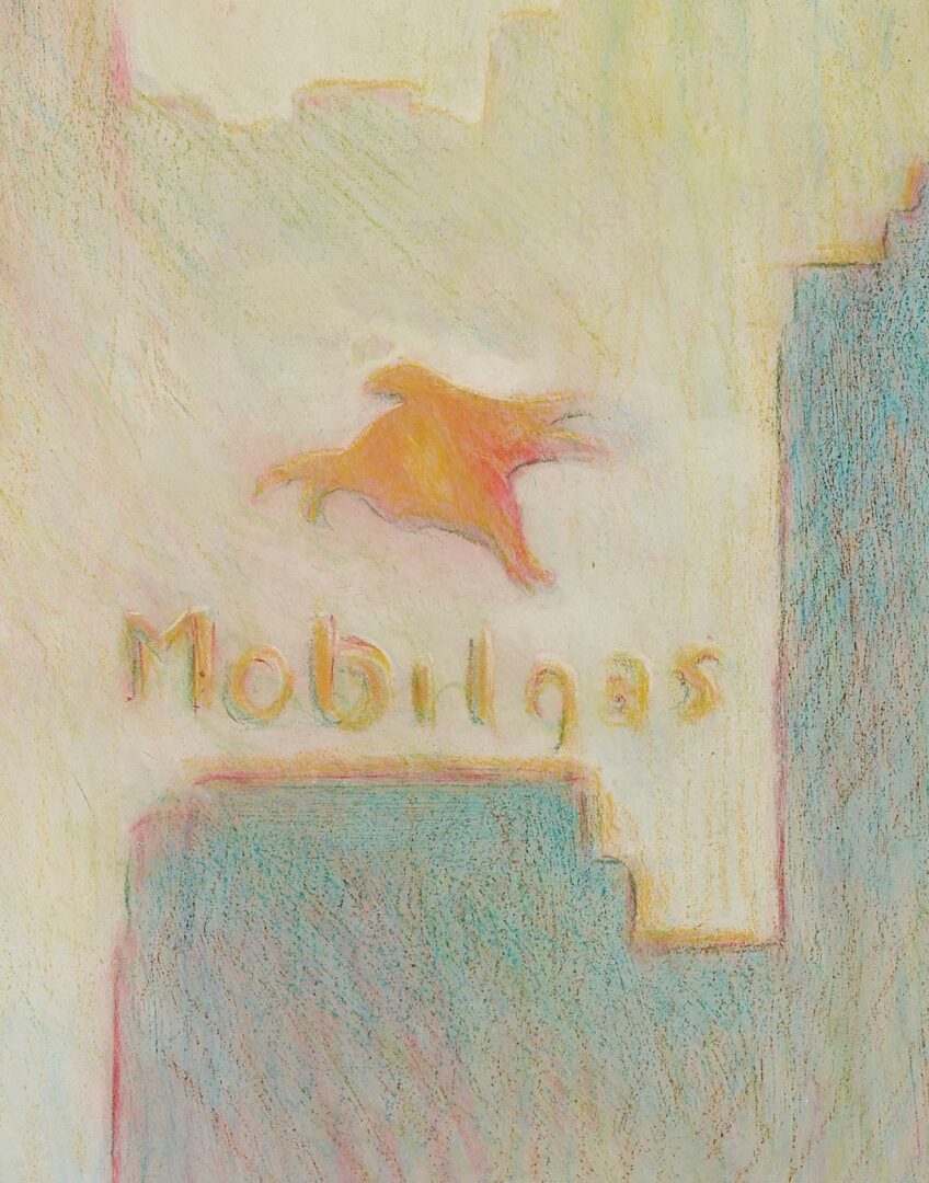 Lot 329: Philippe Lejeune Cityscape Painting, New York Skyline w/ Mobilgas Sign