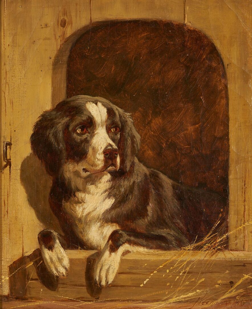 Lot 334: 19th C. Painting of Dog, Signed Hermann