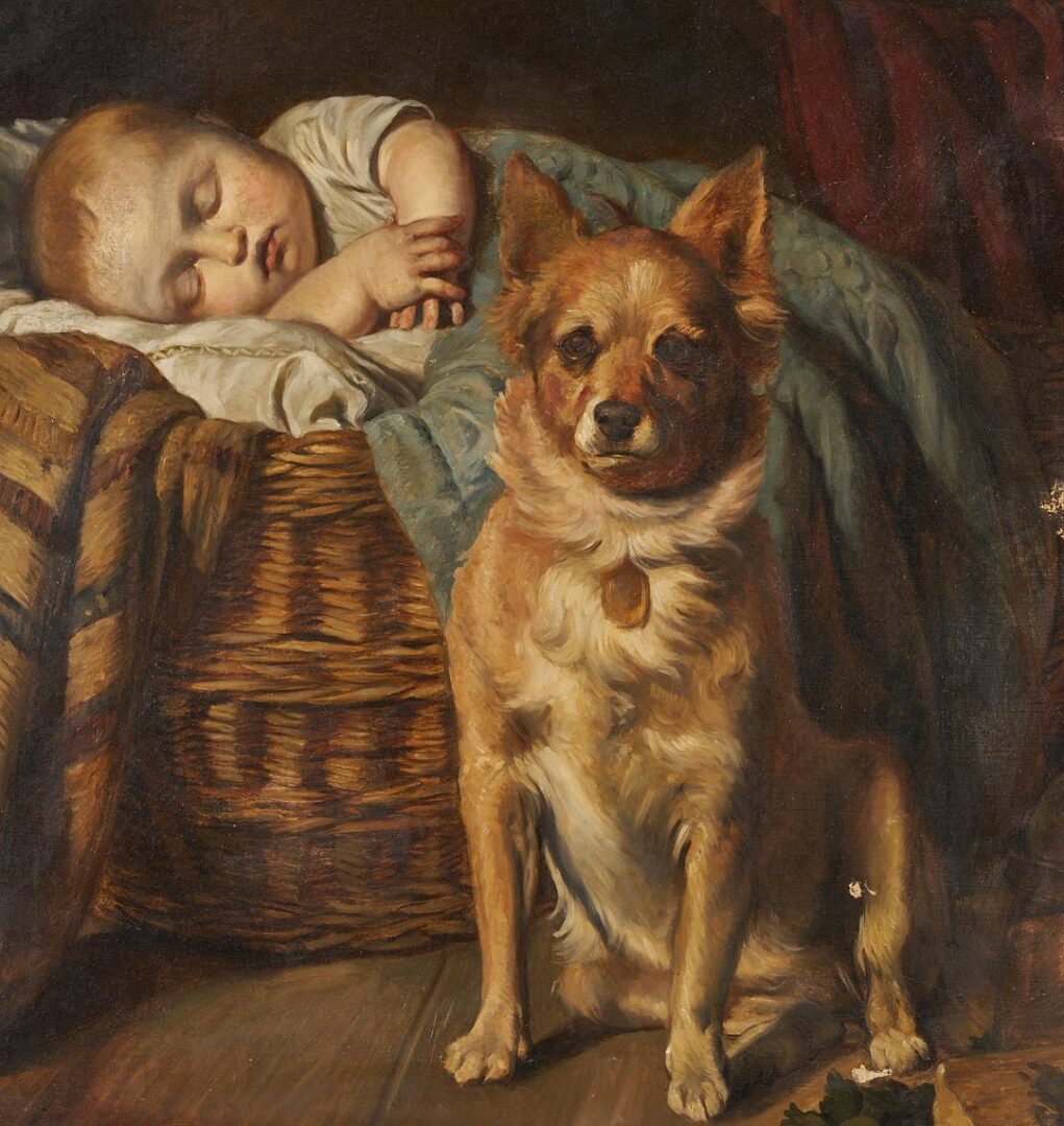Lot 335: After Eugen Felix O/C Painting w/ Baby & Dog, The First Friend