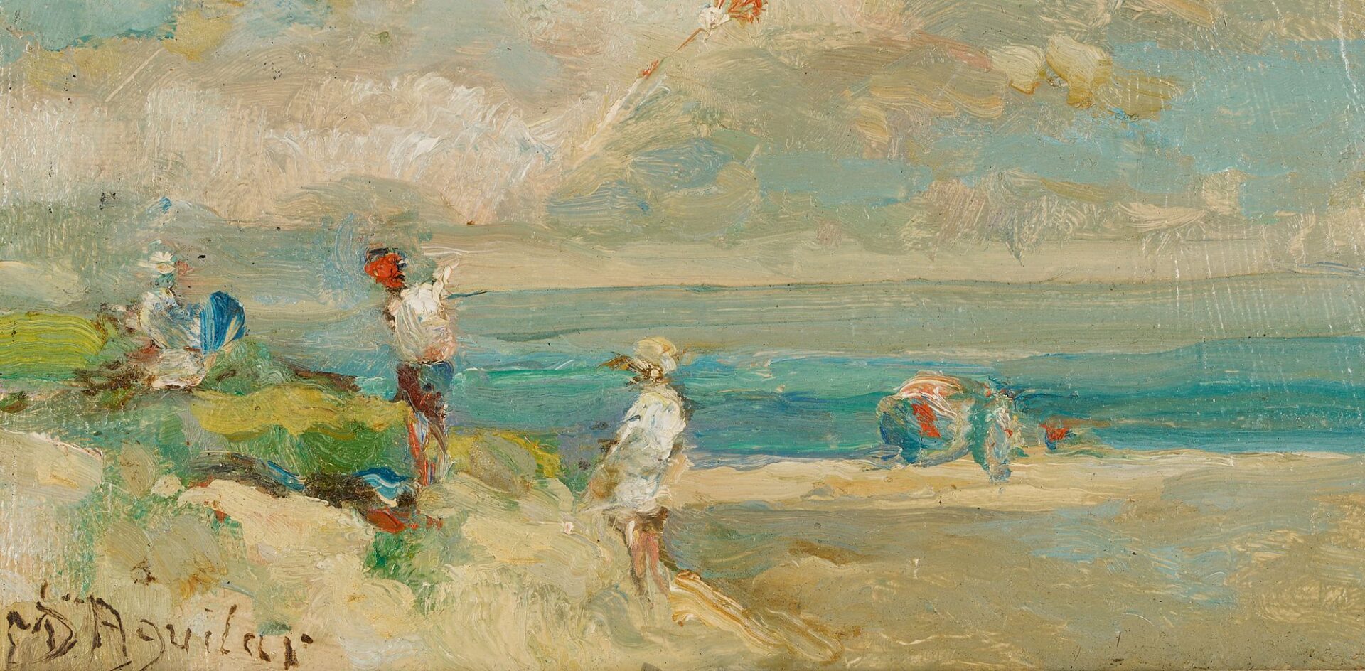 Lot 336: Michael D’Aguilar Oil on Board Beach Scene, Les Nuages