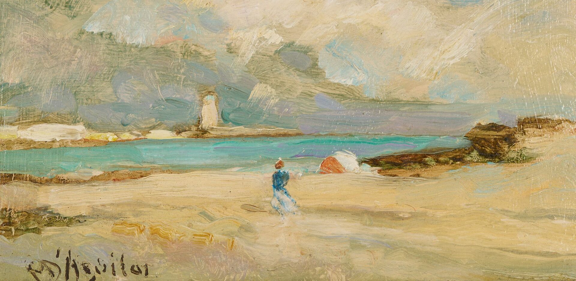 Lot 337: Michael D’Aguilar Oil on Board Beach Scene, Sur La Plage