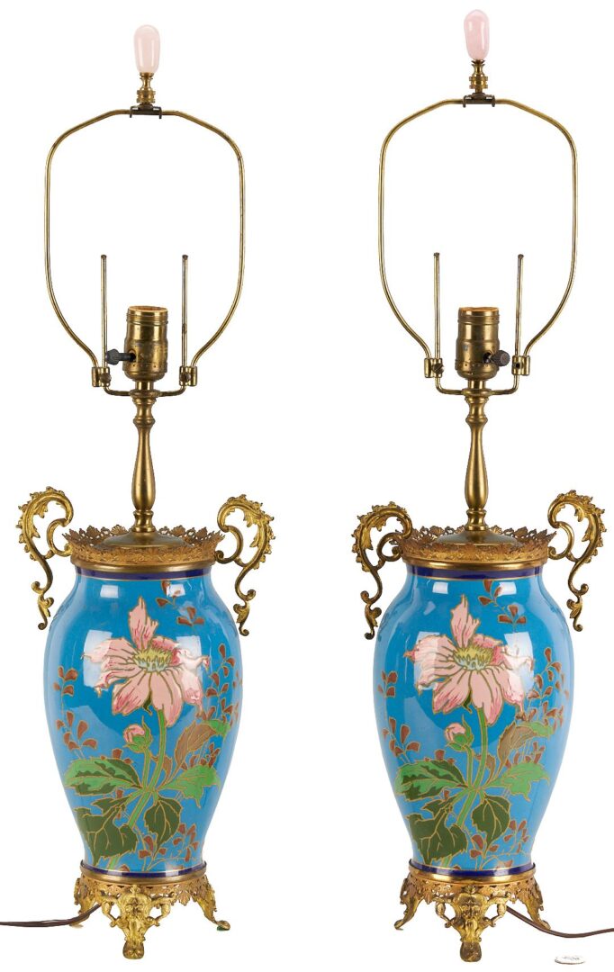 Lot 349: Pr. of  French Chinoiserie Enameled Lamps