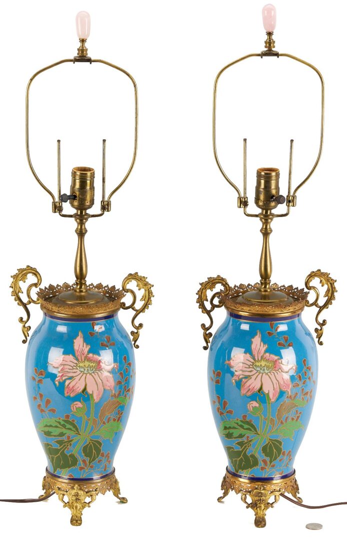Lot 349: Pr. of  French Chinoiserie Enameled Lamps