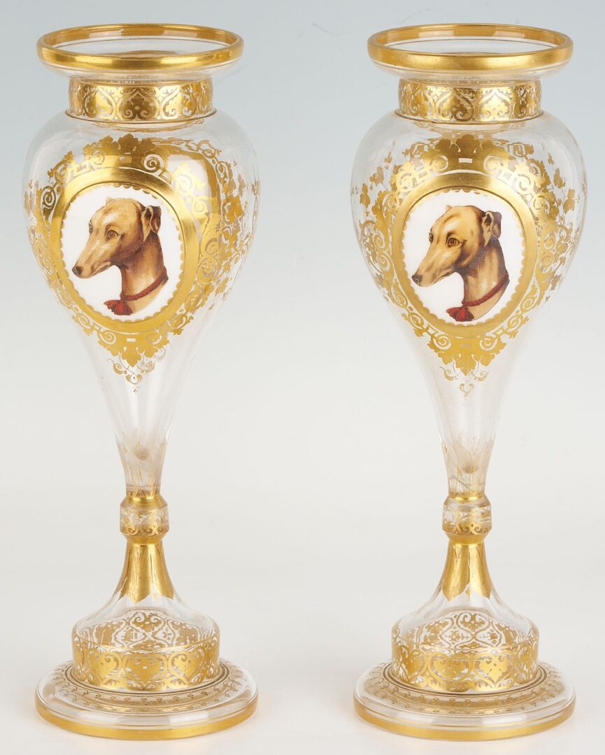Lot 350: Pr. Bohemian Glass Portrait Vases, Whippet Dogs