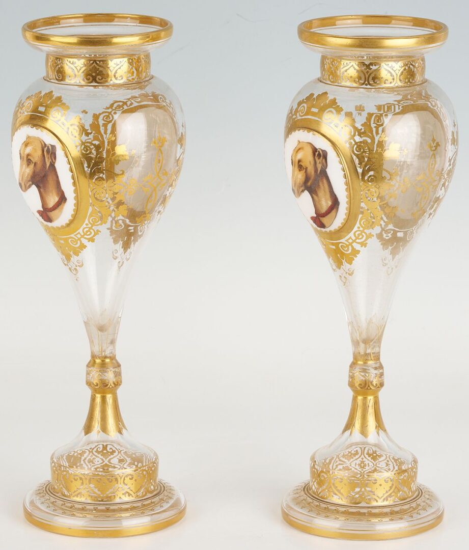 Lot 350: Pr. Bohemian Glass Portrait Vases, Whippet Dogs