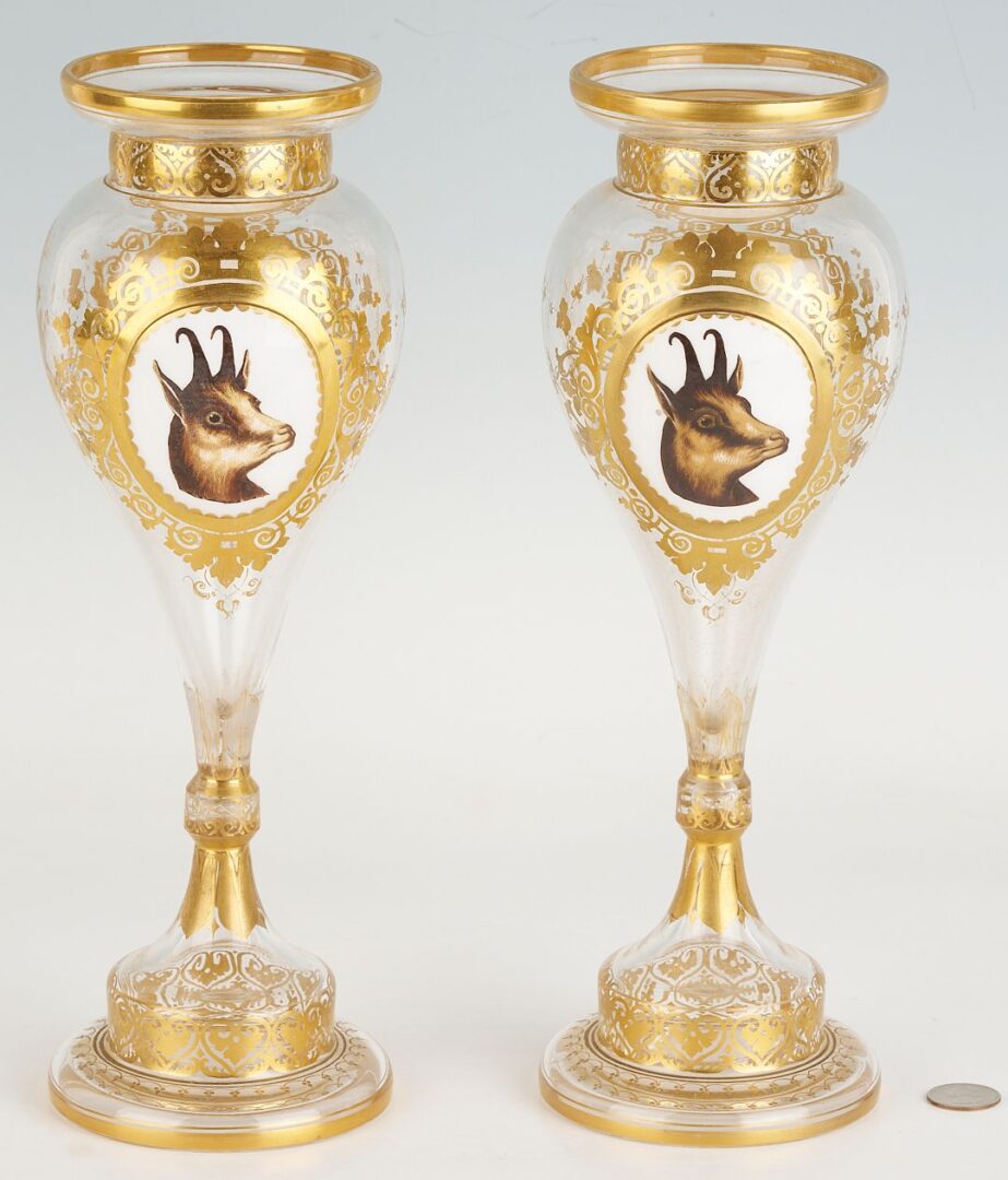 Lot 350: Pr. Bohemian Glass Portrait Vases, Whippet Dogs