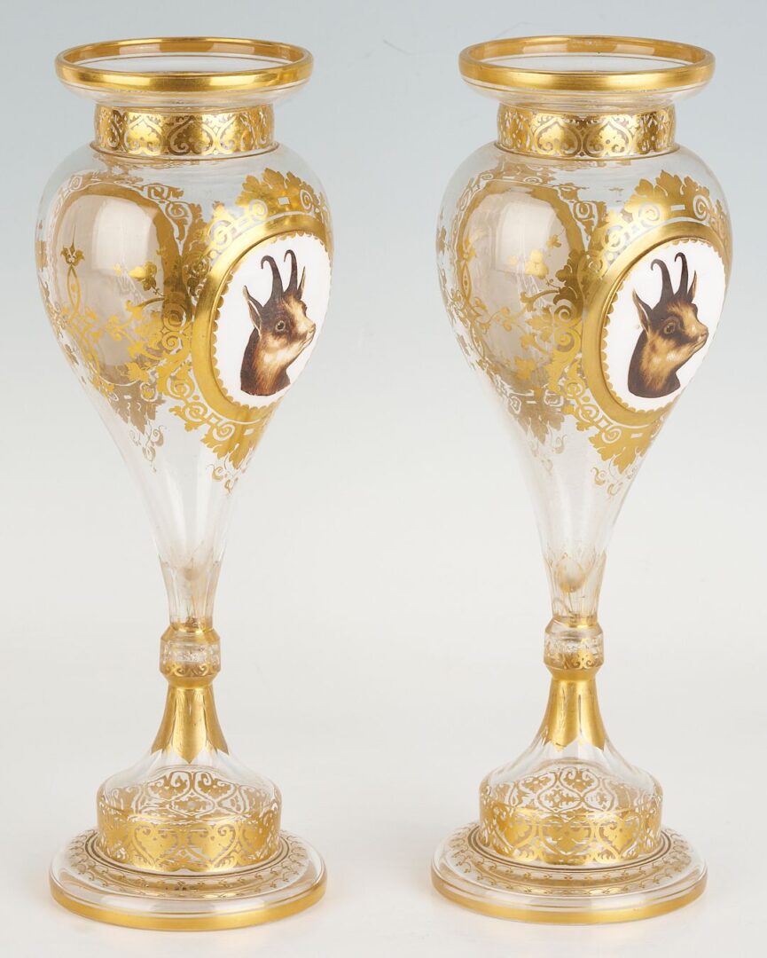 Lot 350: Pr. Bohemian Glass Portrait Vases, Whippet Dogs