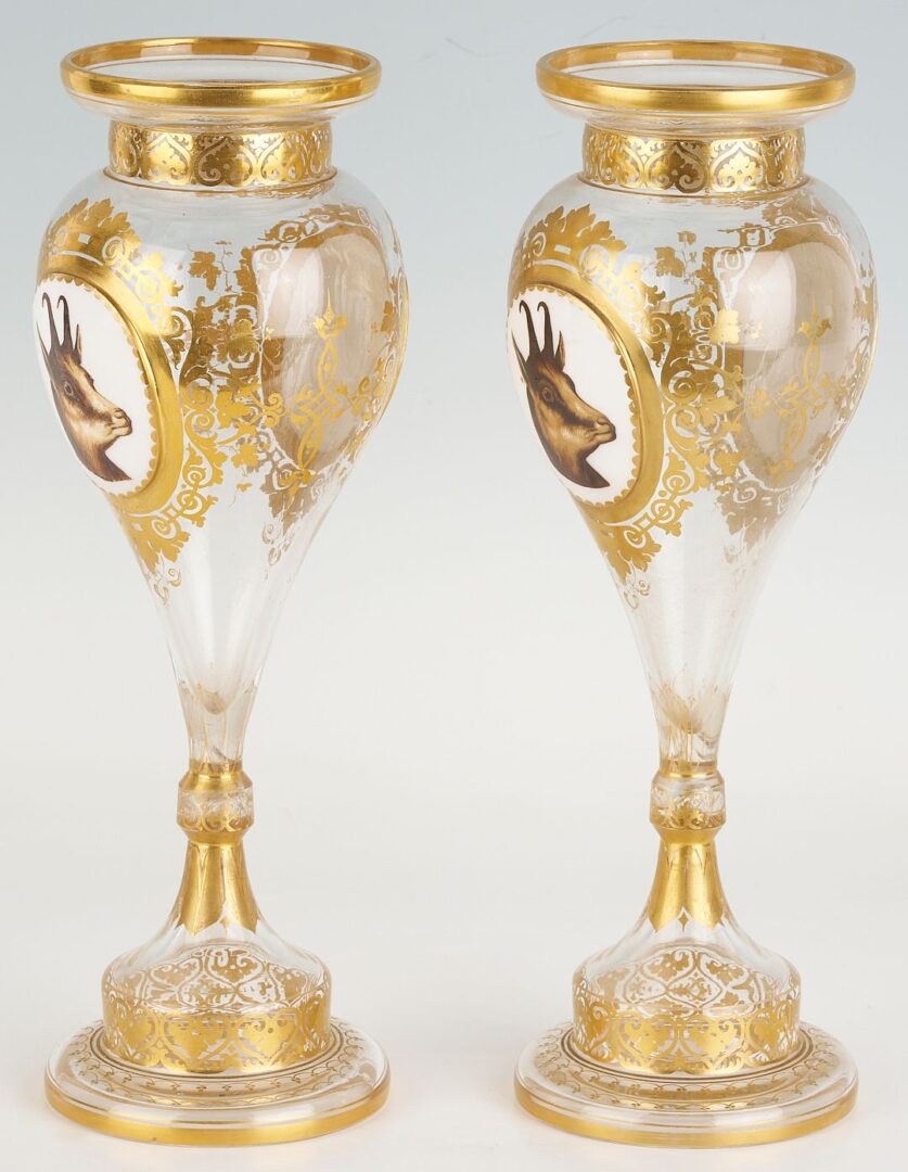 Lot 350: Pr. Bohemian Glass Portrait Vases, Whippet Dogs