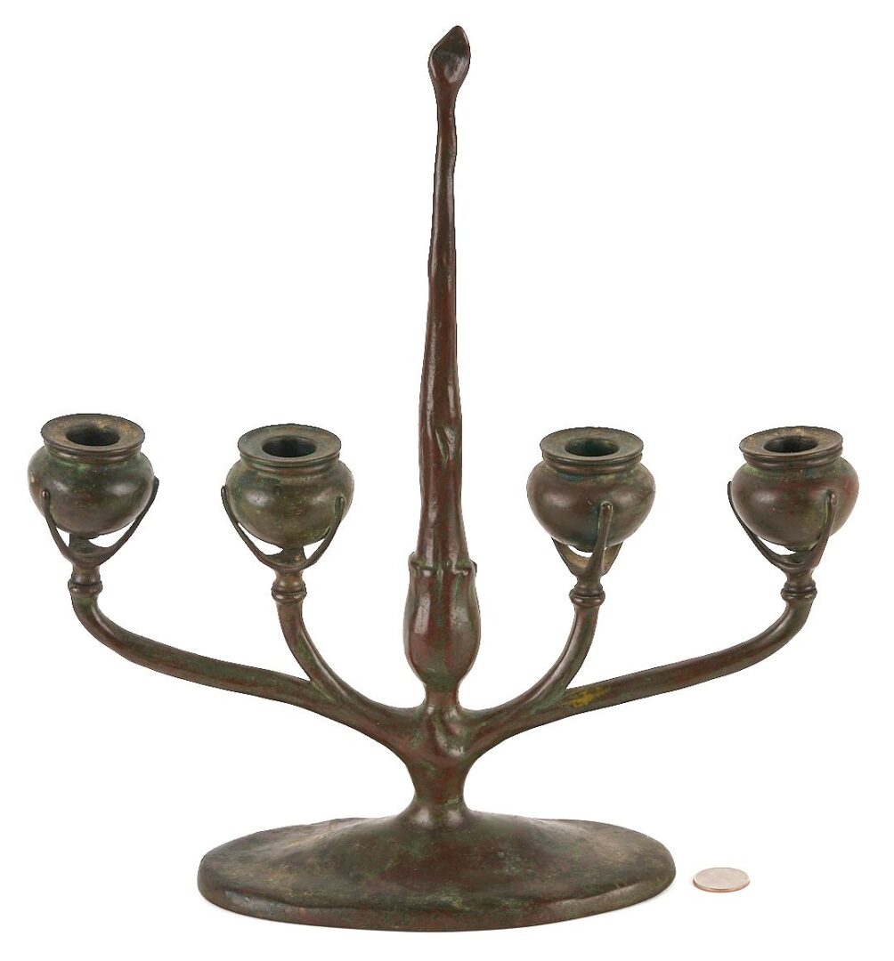 Lot 368: Tiffany Studios 4 Light Bronze Candelabra