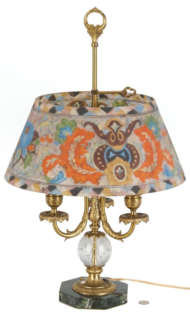 Lot 369: Pairpoint 3-arm Lamp, Reverse Glass Shade