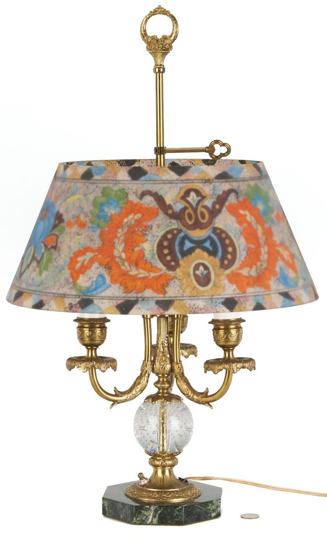 Lot 369: Pairpoint 3-arm Lamp, Reverse Glass Shade