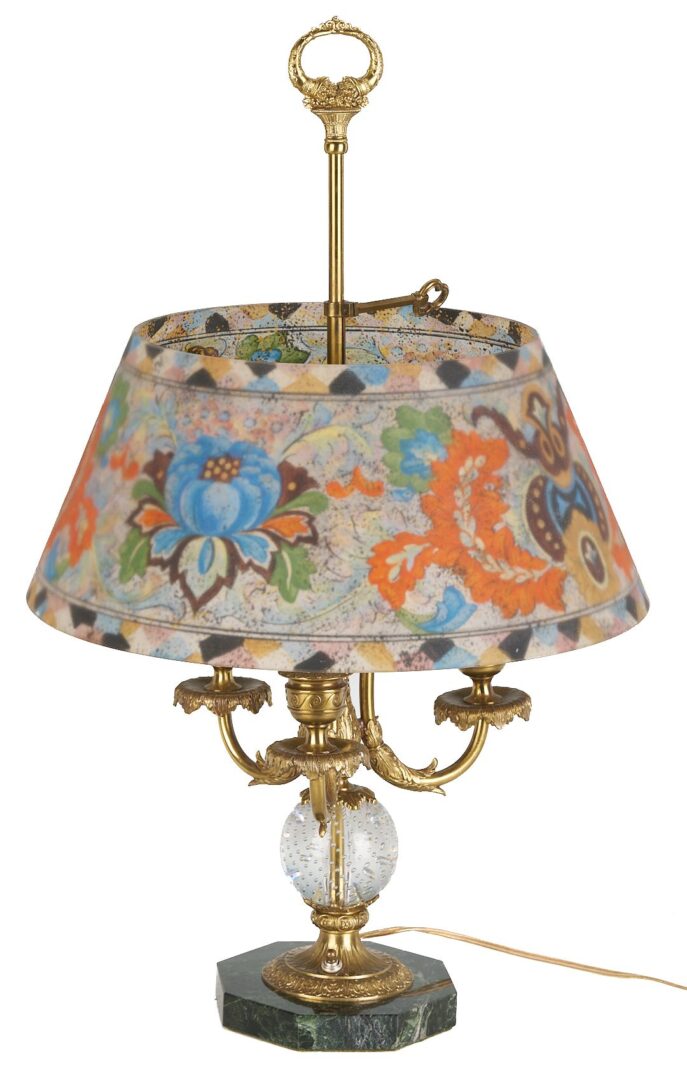 Lot 369: Pairpoint 3-arm Lamp, Reverse Glass Shade