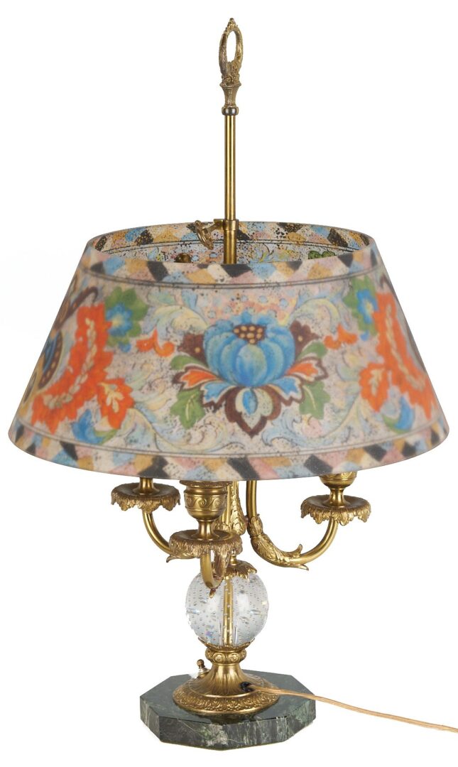 Lot 369: Pairpoint 3-arm Lamp, Reverse Glass Shade