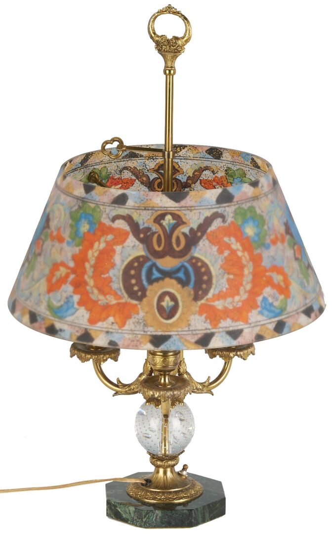 Lot 369: Pairpoint 3-arm Lamp, Reverse Glass Shade