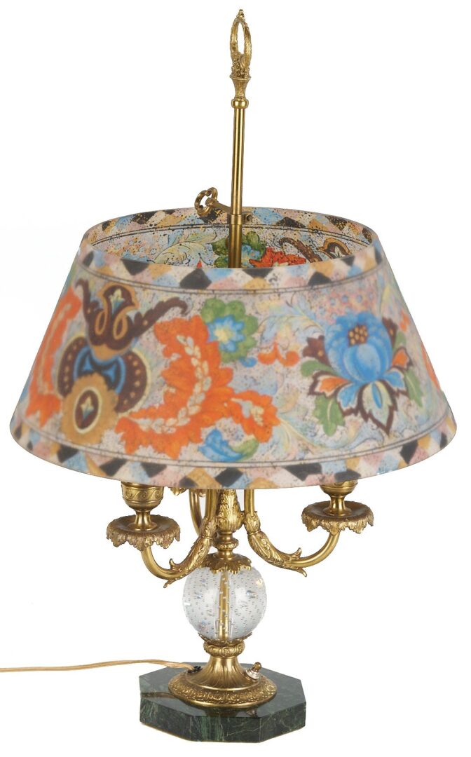 Lot 369: Pairpoint 3-arm Lamp, Reverse Glass Shade