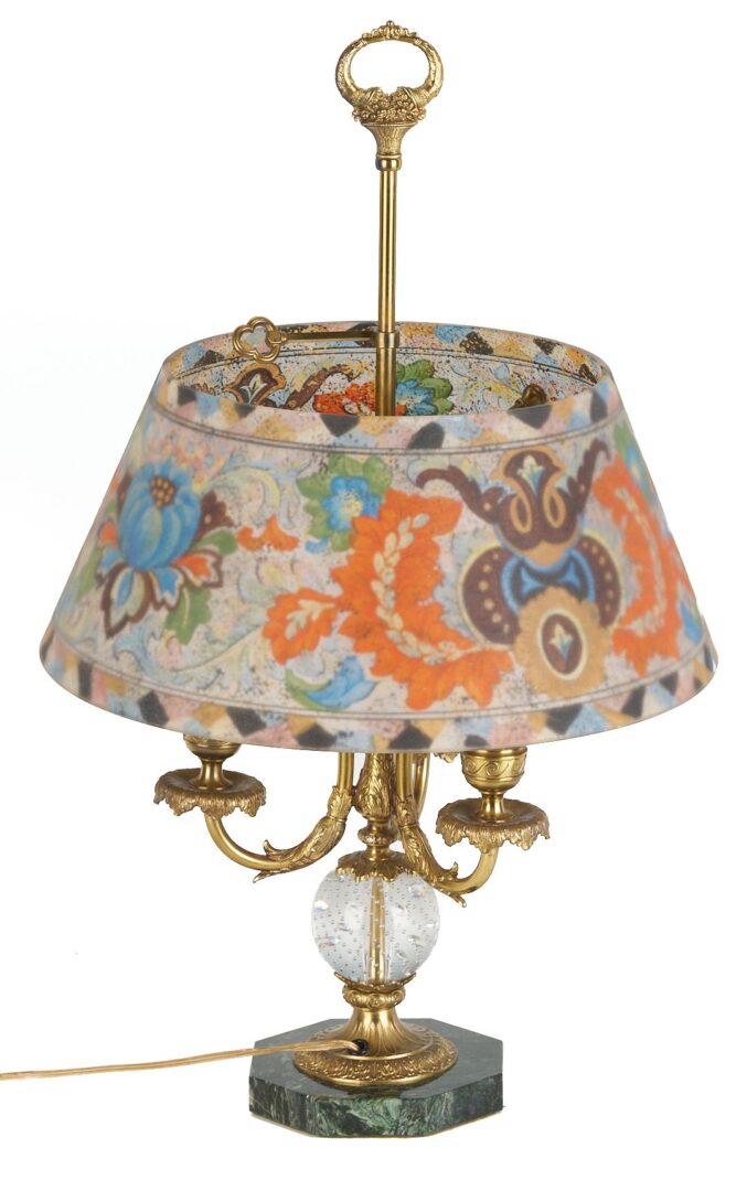 Lot 369: Pairpoint 3-arm Lamp, Reverse Glass Shade