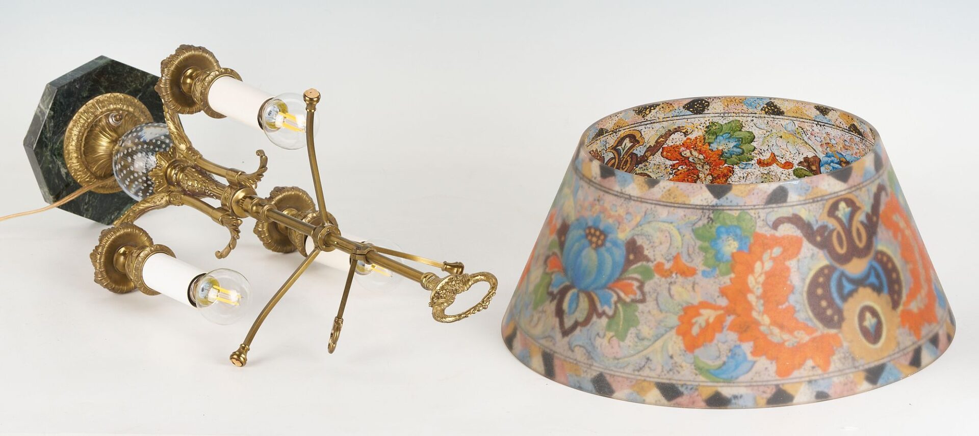 Lot 369: Pairpoint 3-arm Lamp, Reverse Glass Shade