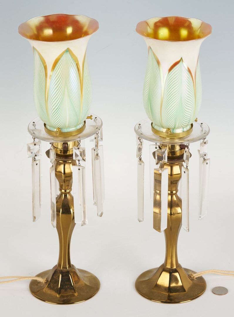 Lot 370: Pair of Lamps with Pulled Feather Shades attrib. Steuben
