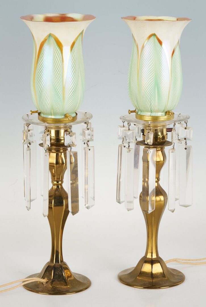 Lot 370: Pair of Lamps with Pulled Feather Shades attrib. Steuben