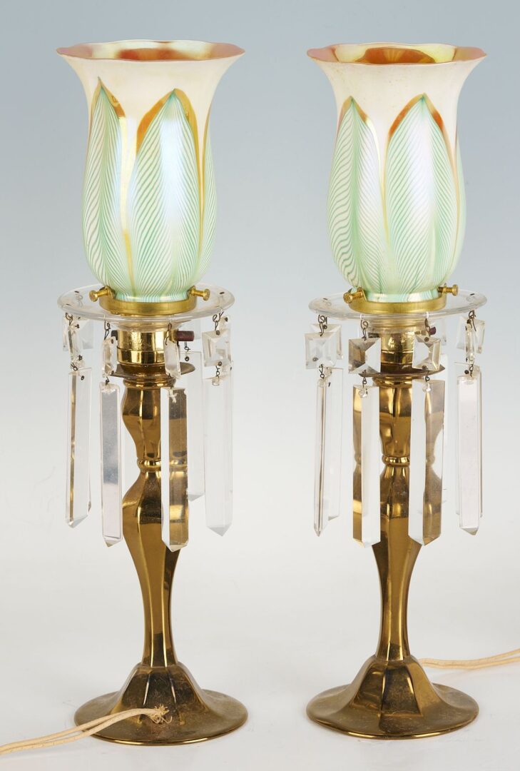 Lot 370: Pair of Lamps with Pulled Feather Shades attrib. Steuben