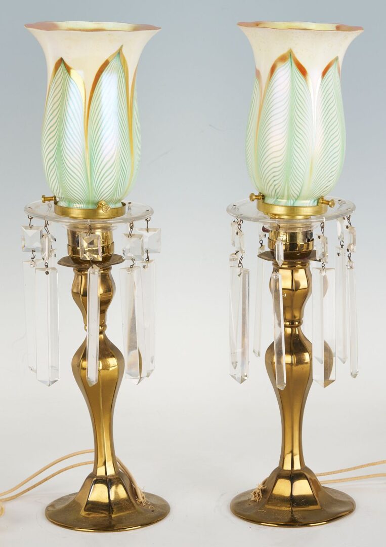 Lot 370: Pair of Lamps with Pulled Feather Shades attrib. Steuben