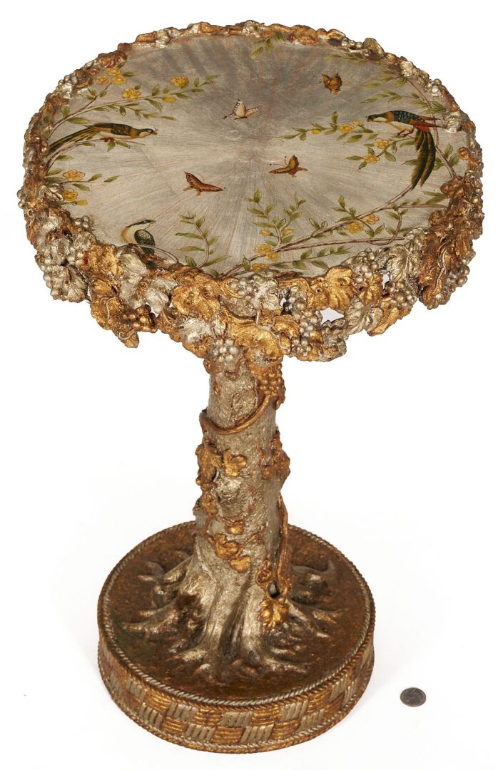Lot 385: Tree Form Gueridon Table with Painted Bird Decoration