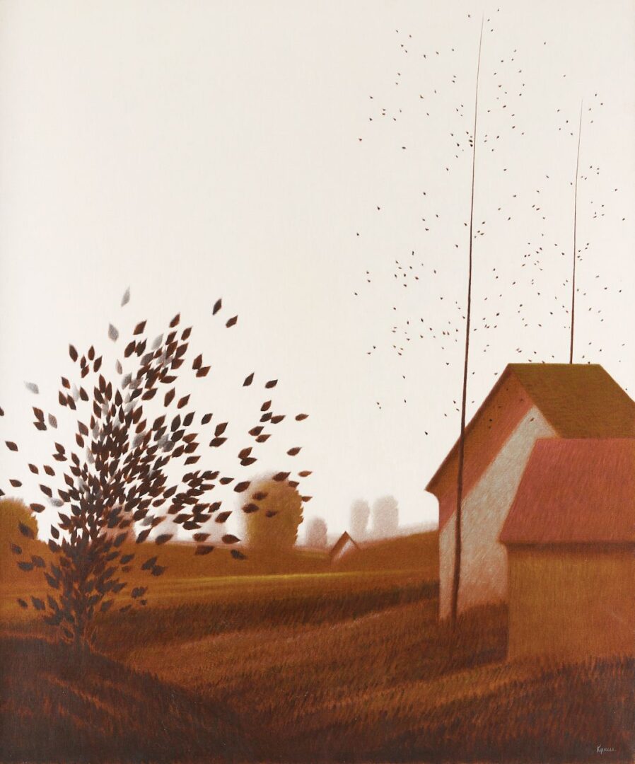 Lot 394: Large Robert Kipniss Oil Landscape, Sheds & Trees