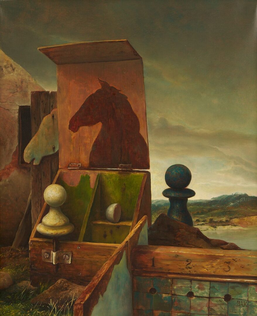 Lot 396: Samuel Bak Exhibited Surrealist Painting, The Origins of the Endgame