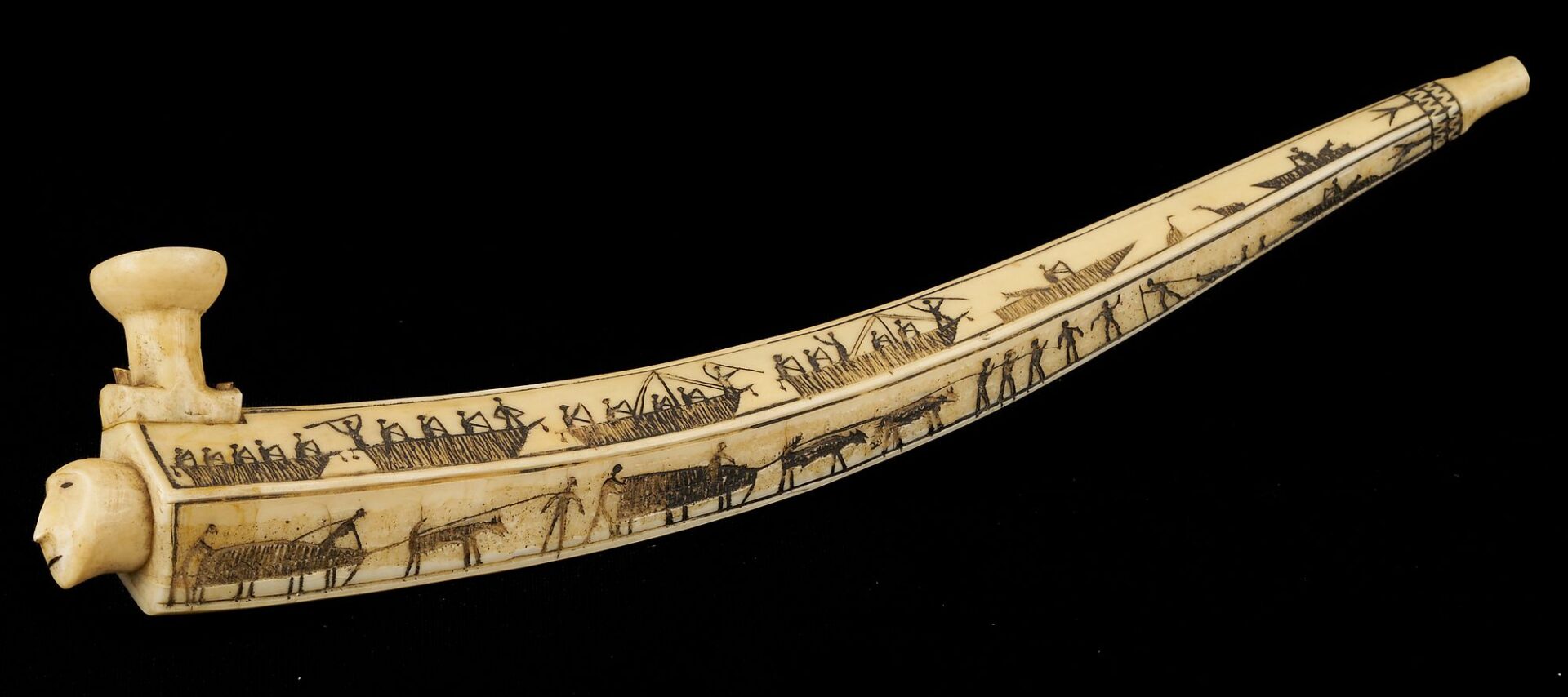 Lot 463: Native American Inuit or Eskimo Carved Figural Scrimshaw Pipe