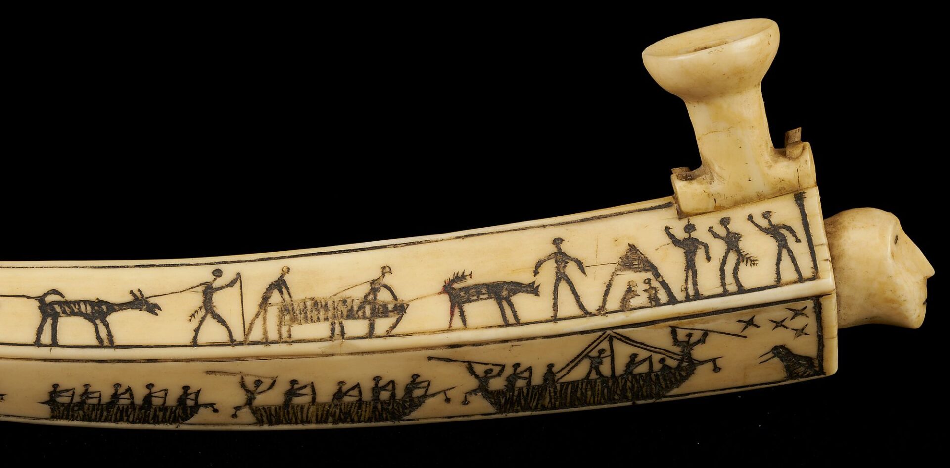 Lot 463: Native American Inuit or Eskimo Carved Figural Scrimshaw Pipe