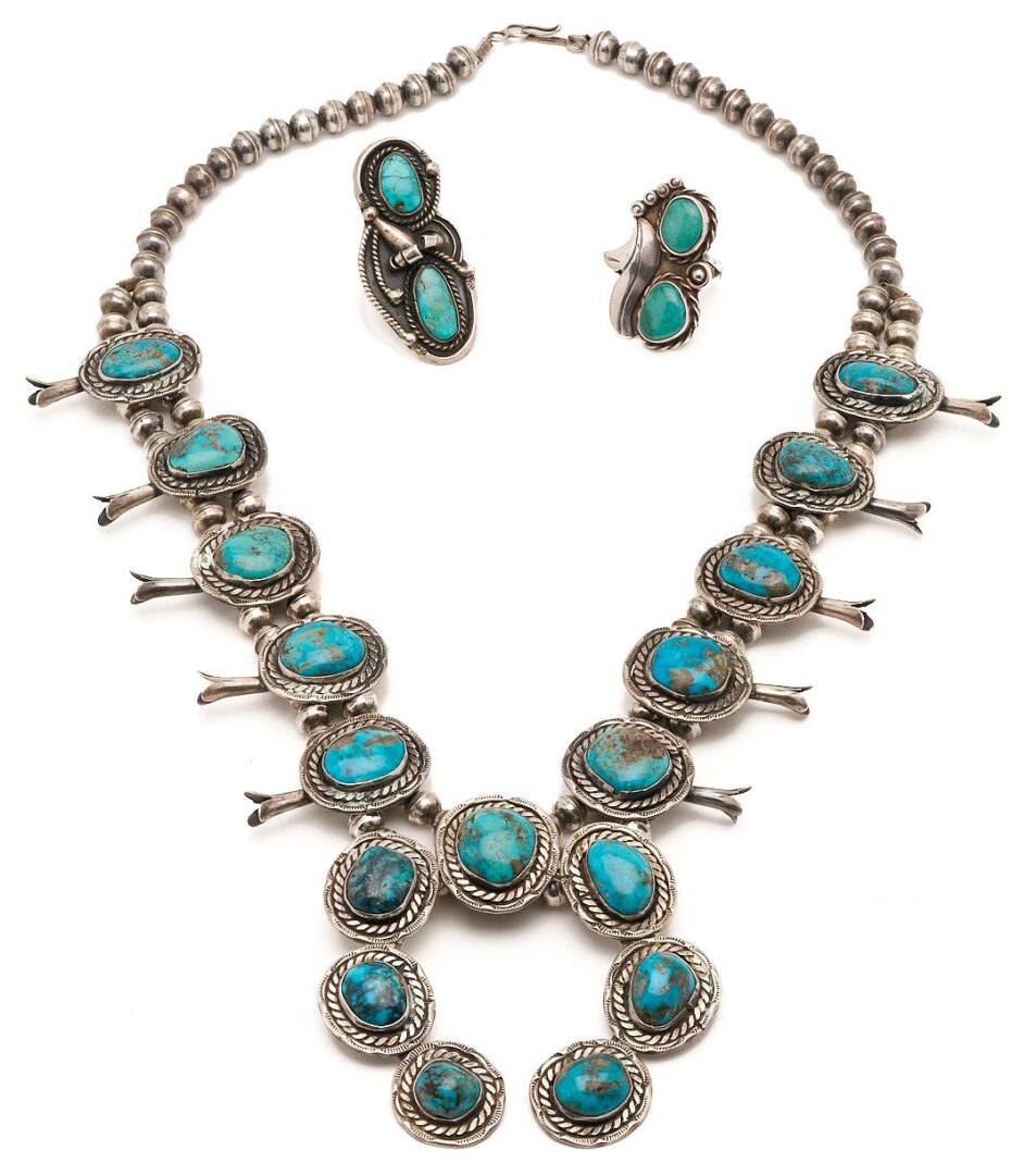 Lot 465: Navajo Sterling & Turqouise Squash Blossom Necklace & 2 Rings