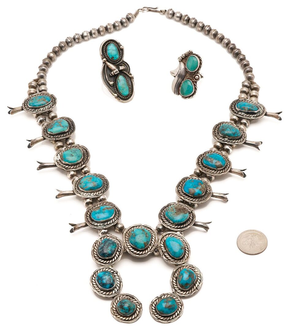 Lot 465: Navajo Sterling & Turqouise Squash Blossom Necklace & 2 Rings