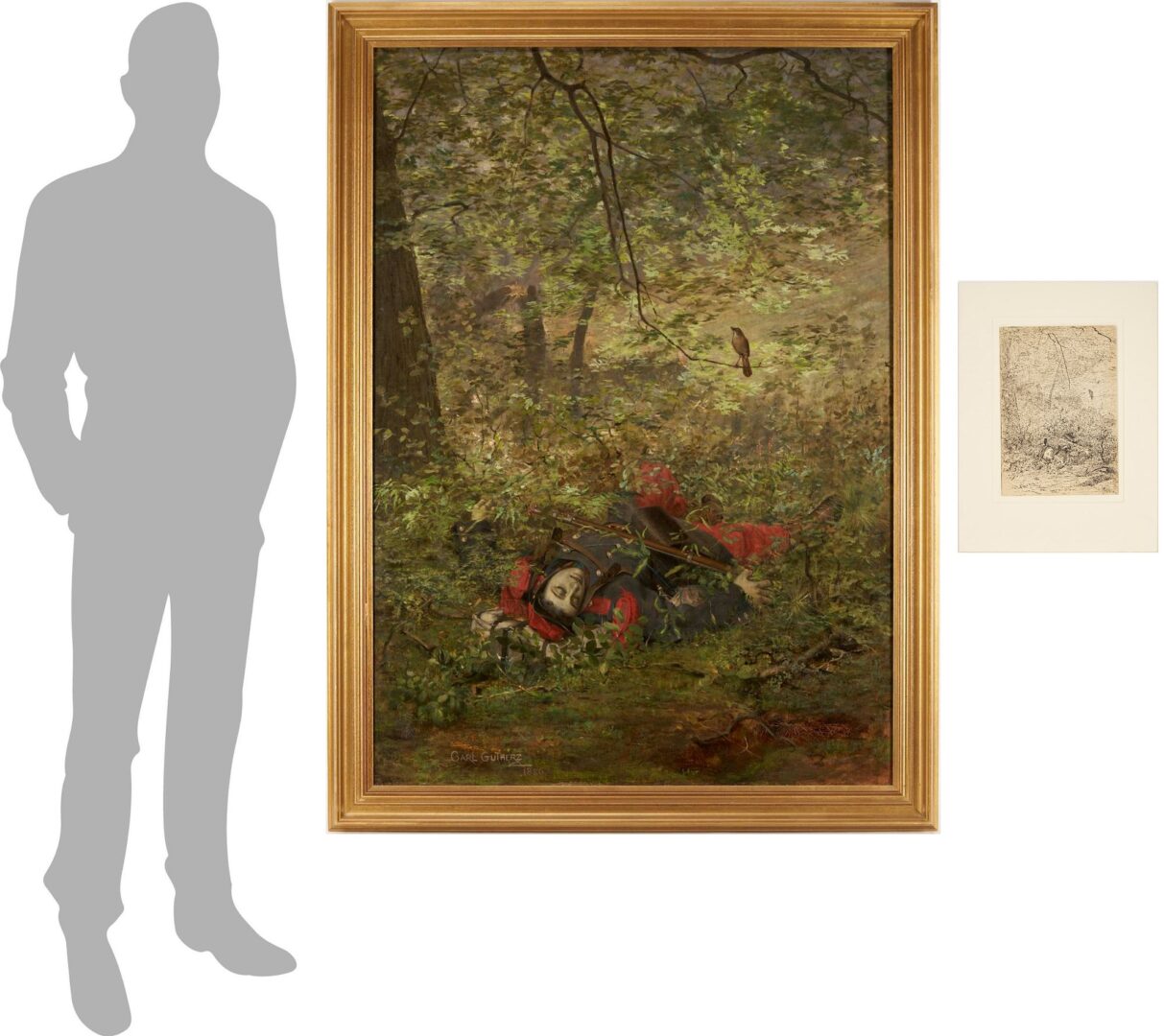 Lot 476: Carl Gutherz O/C French Military Painting Plus Preparatory Drawing