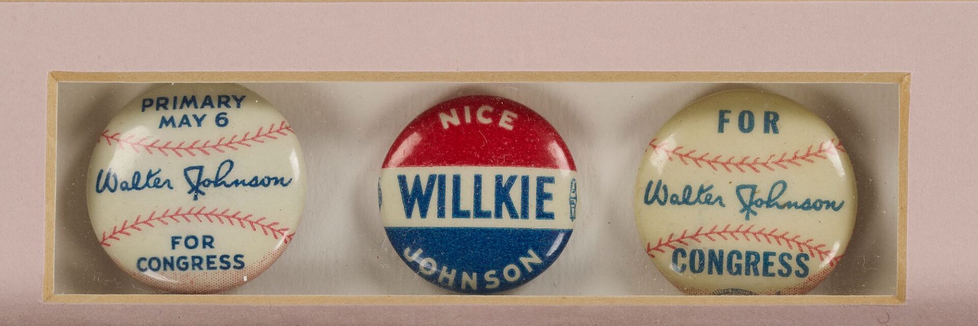 Lot 495: Walter Johnson 3 Campaign Buttons, Framed