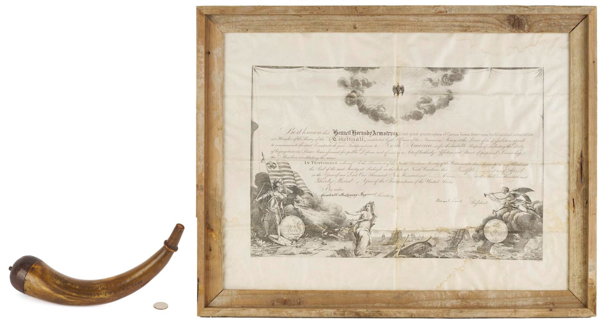 Lot 497: Dr. Thomas Walker Family Powder Horn, VA/KY interest, plus SOC Certificate