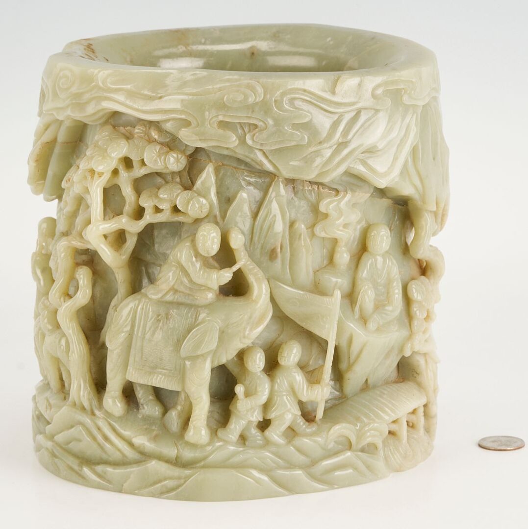 Lot 4: Large Chinese Carved Jadeite Brush Pot w/ Buddha, Exhibited