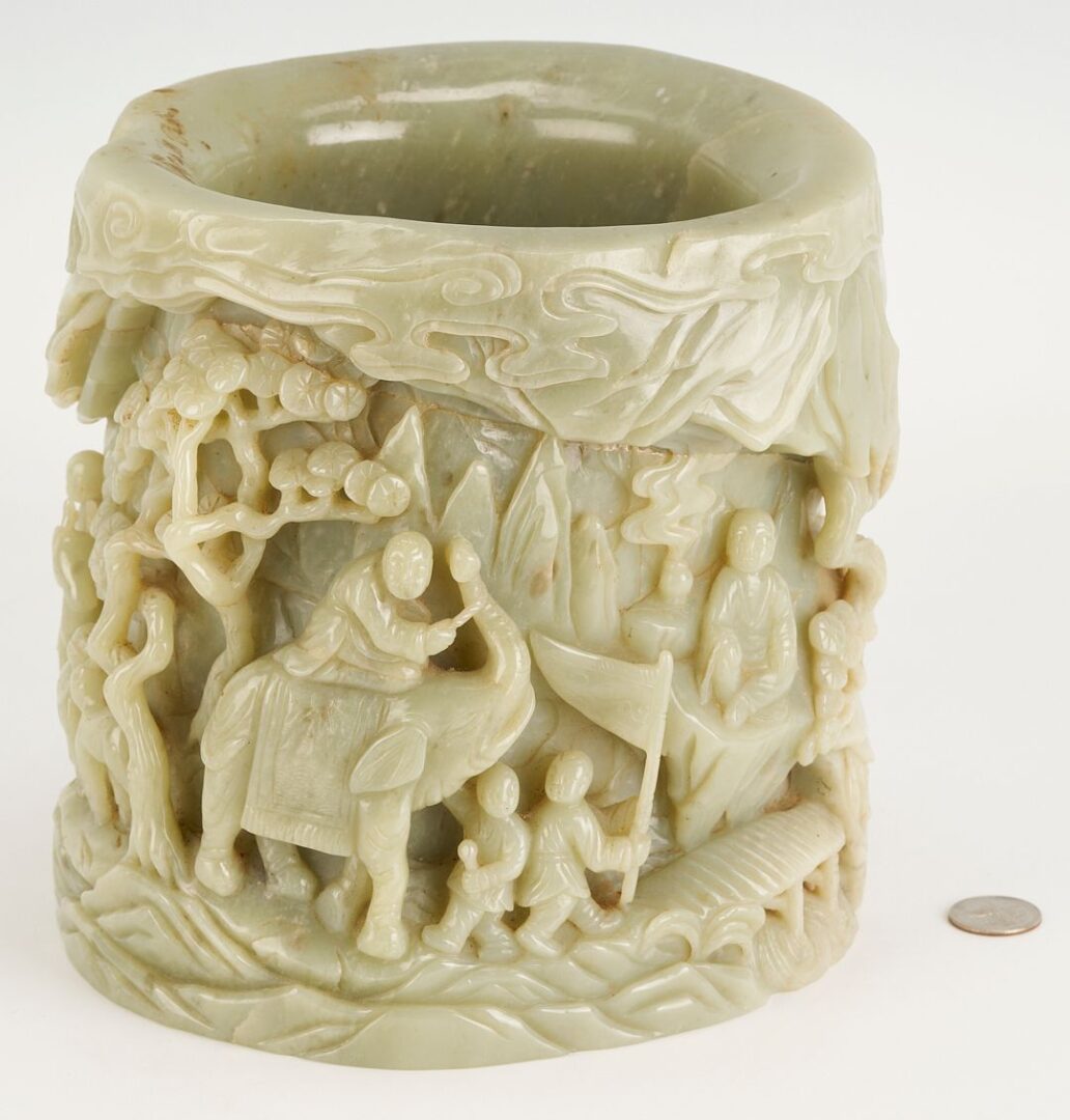 Lot 4: Large Chinese Carved Jadeite Brush Pot w/ Buddha, Exhibited