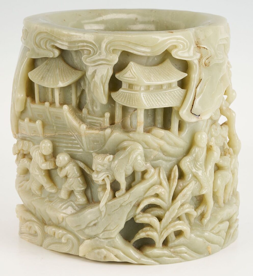 Lot 4: Large Chinese Carved Jadeite Brush Pot w/ Buddha, Exhibited