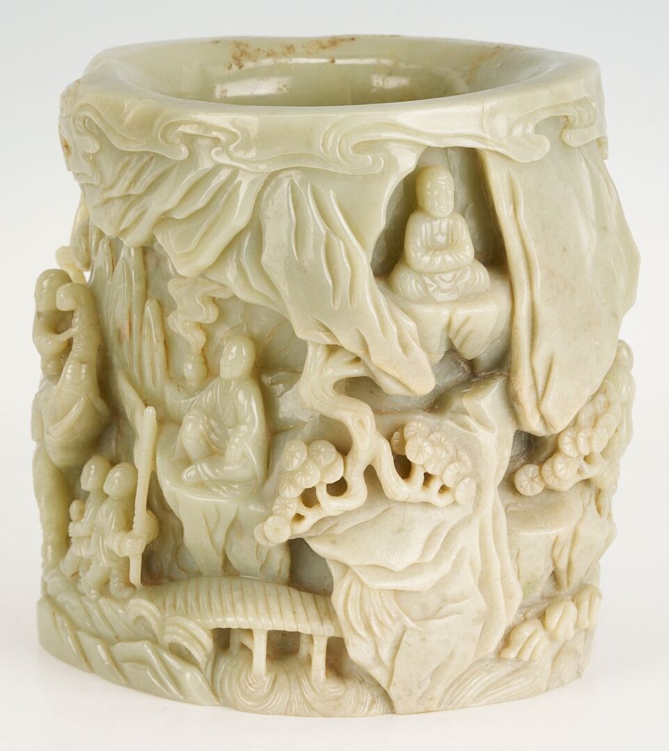 Lot 4: Large Chinese Carved Jadeite Brush Pot w/ Buddha, Exhibited