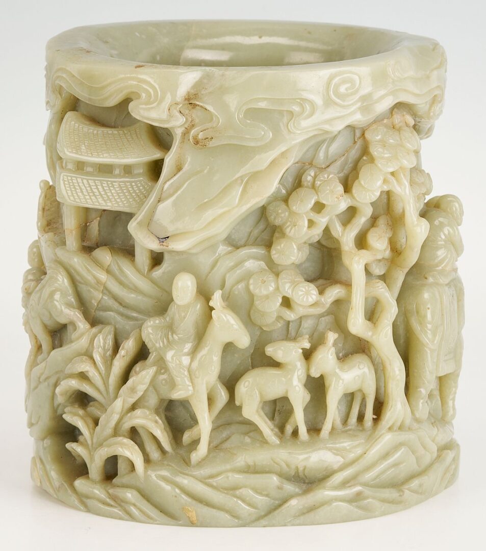 Lot 4: Large Chinese Carved Jadeite Brush Pot w/ Buddha, Exhibited