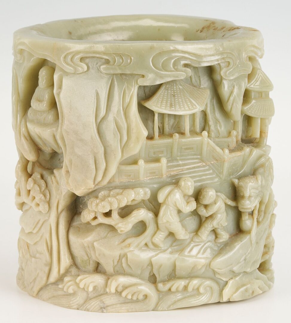 Lot 4: Large Chinese Carved Jadeite Brush Pot w/ Buddha, Exhibited