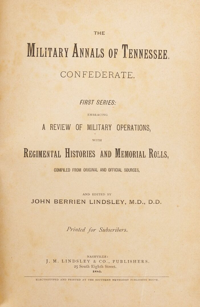 Lot 523: Military Annals of Tennessee, 1866; with Eyewitness Notes