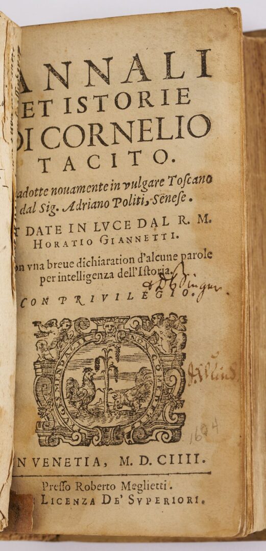 Lot 526: Annali et Istorie di Cornelio Tacito (Annals and Histories of Cornelius Tacitus), 1604