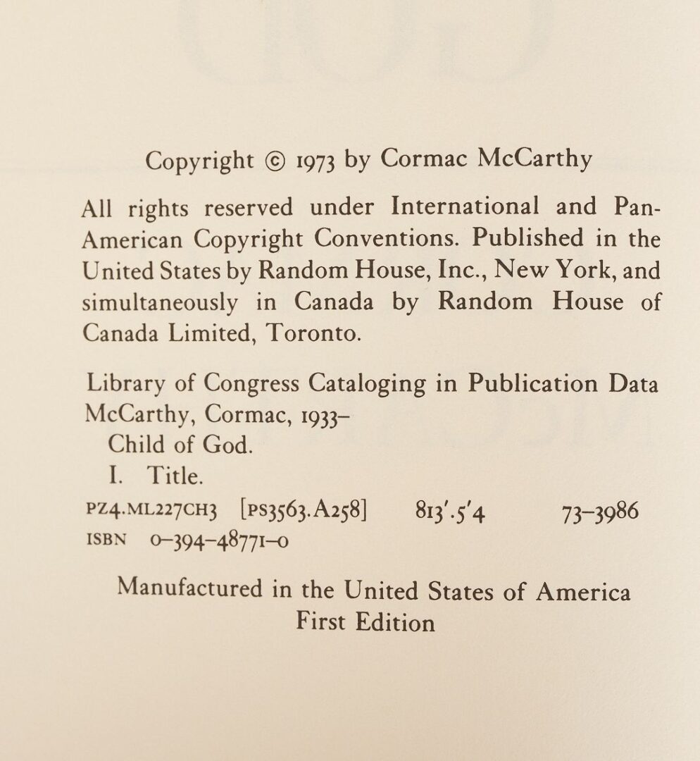 Lot 532: Child of God by Cormac McCarthy, 1st Edition