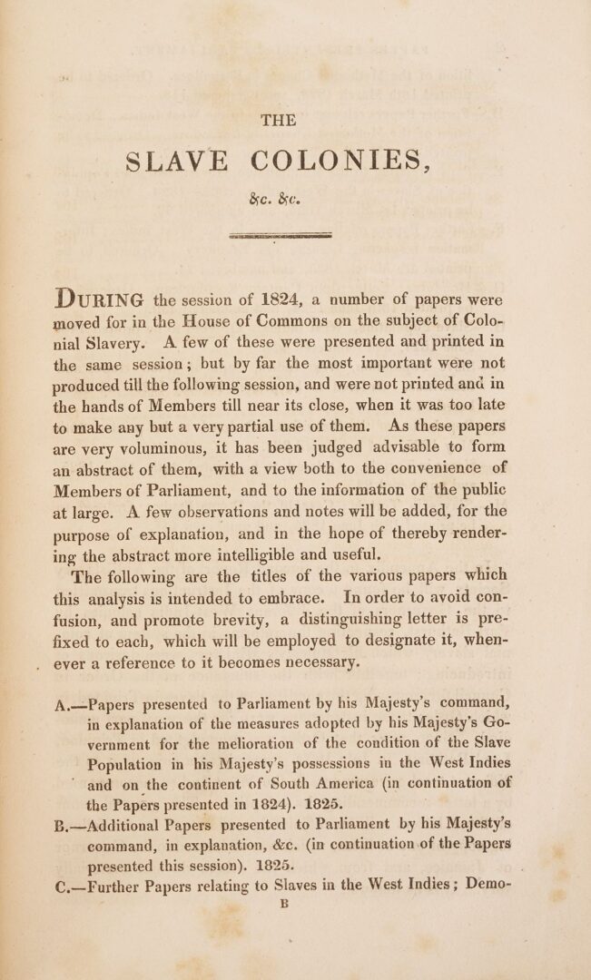 Lot 537: Slave Colonies of Great Britain, 1825, Macaulay, First Edition, plus Debate on Abolition, 1792
