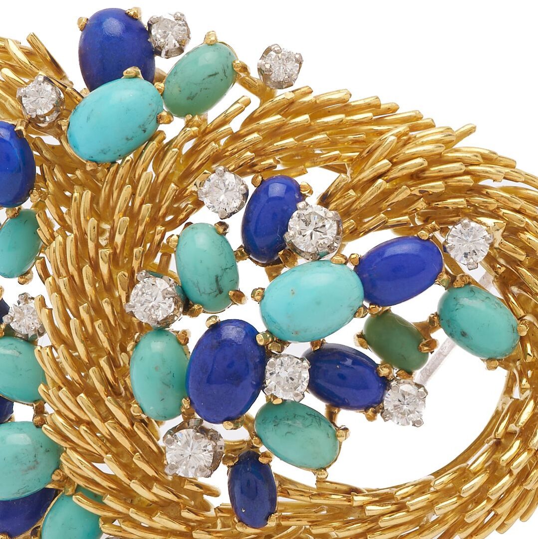 Lot 54: 18K Gold, Turquoise, Lapis, and Diamond Brooch
