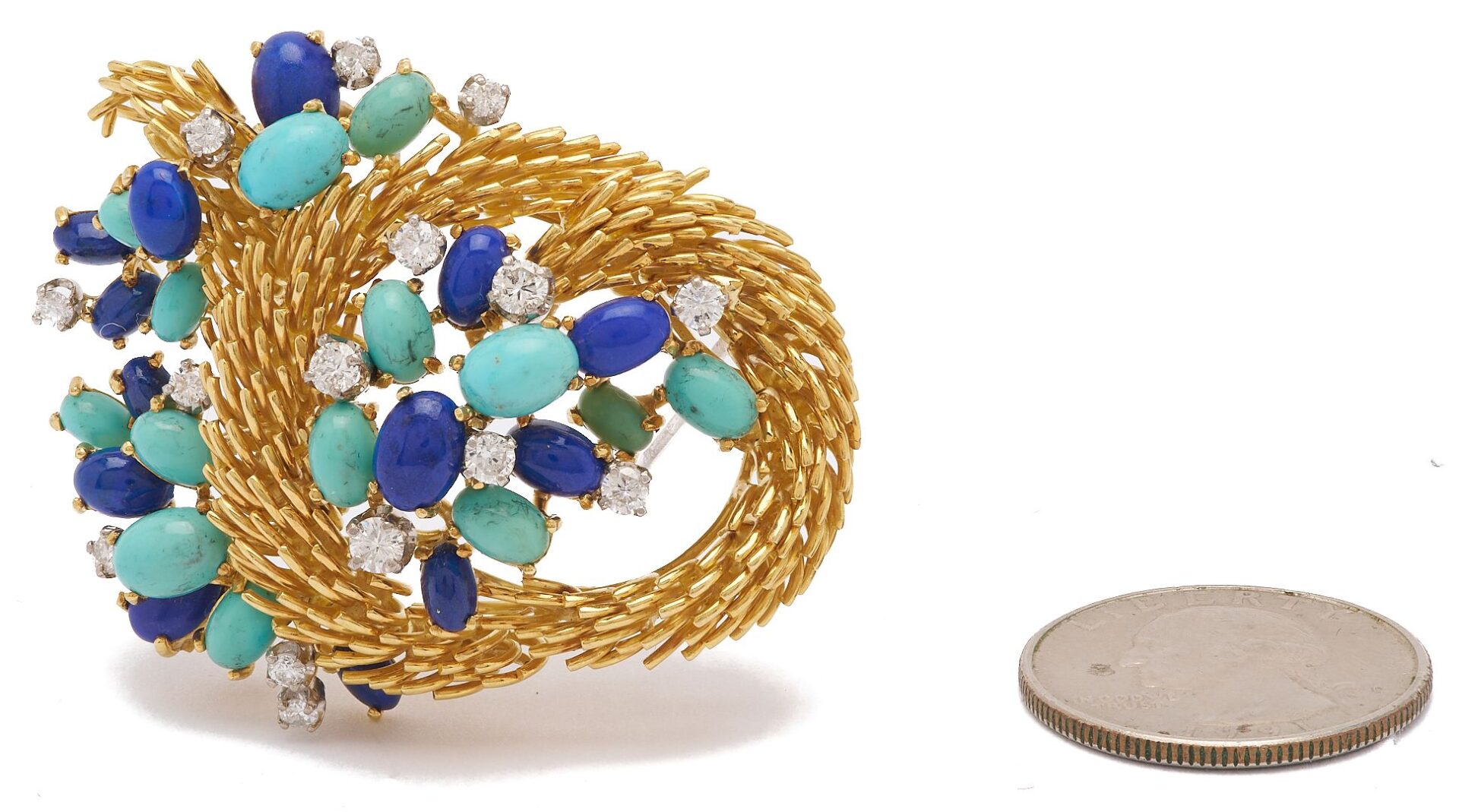 Lot 54: 18K Gold, Turquoise, Lapis, and Diamond Brooch