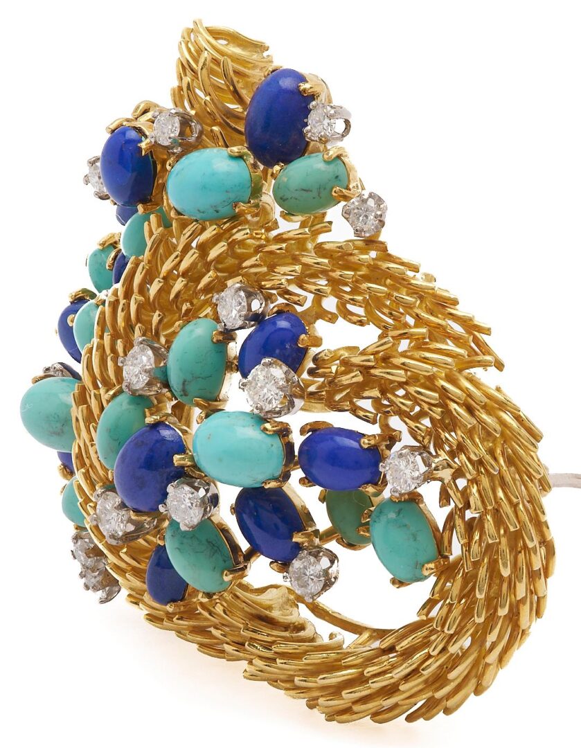 Lot 54: 18K Gold, Turquoise, Lapis, and Diamond Brooch